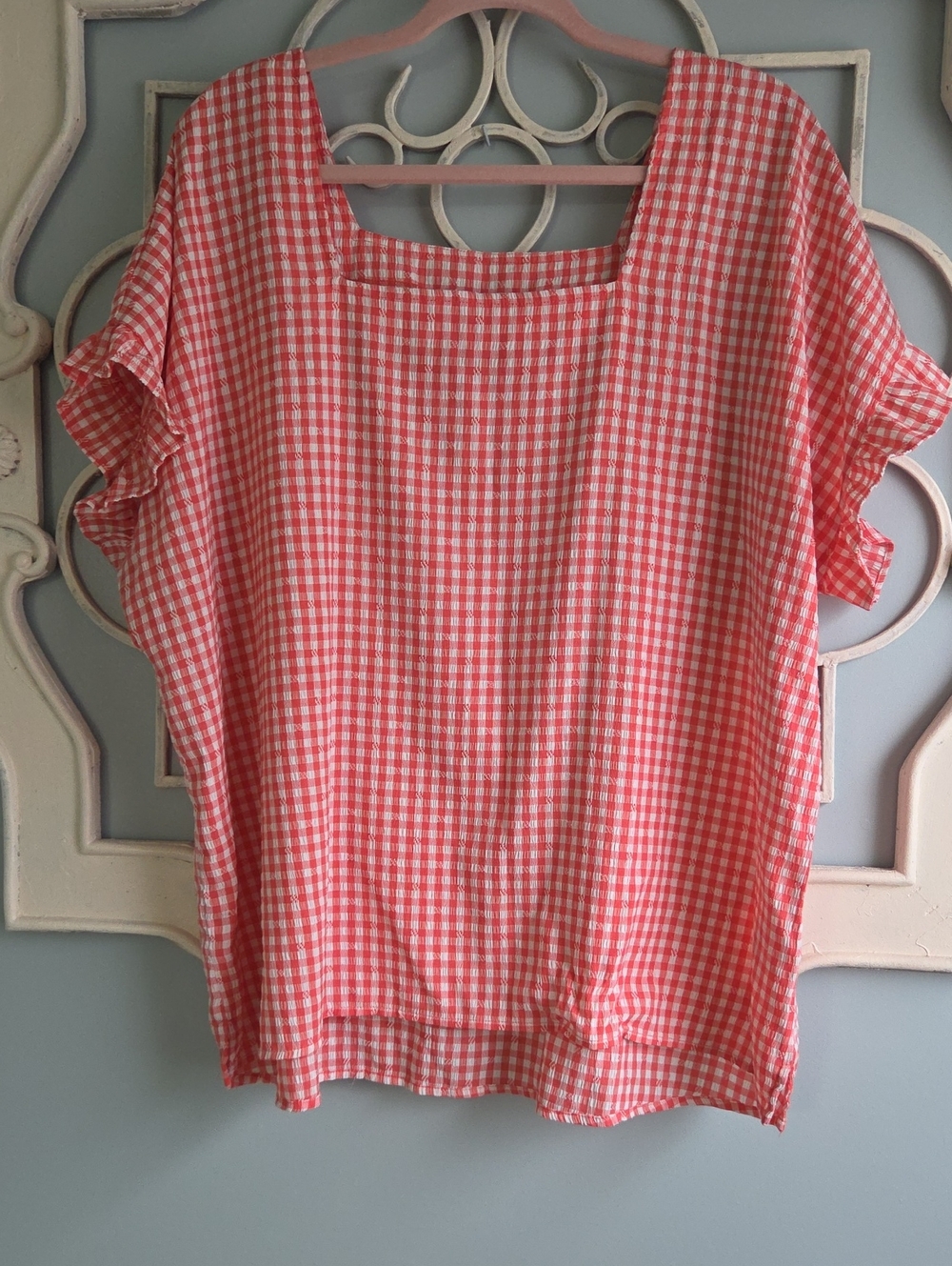 Women's Coral Gingham Square-Neck Top